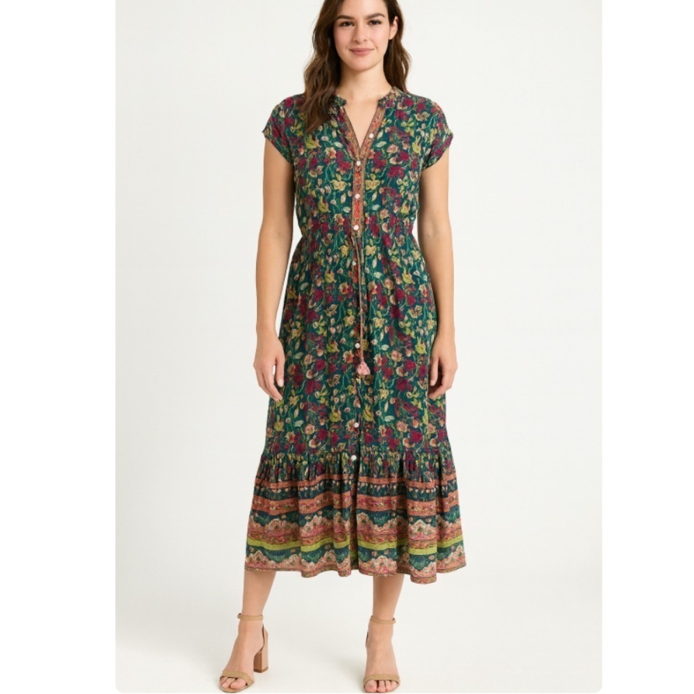 BELL by Alicia Bell Cap Sleeve Paisley Midi Dress Drawstring Tassel Waist Size L